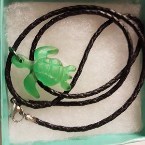 Jersey Shore Sea Glass Carving Green Turtle Pendant Blk Braided Artisan Necklace